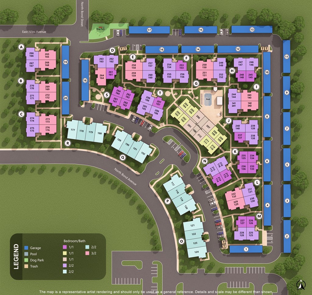 a site plan of a campus with pink buildings and a green field