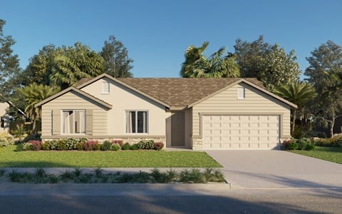 a single story home with a garage and a green lawn