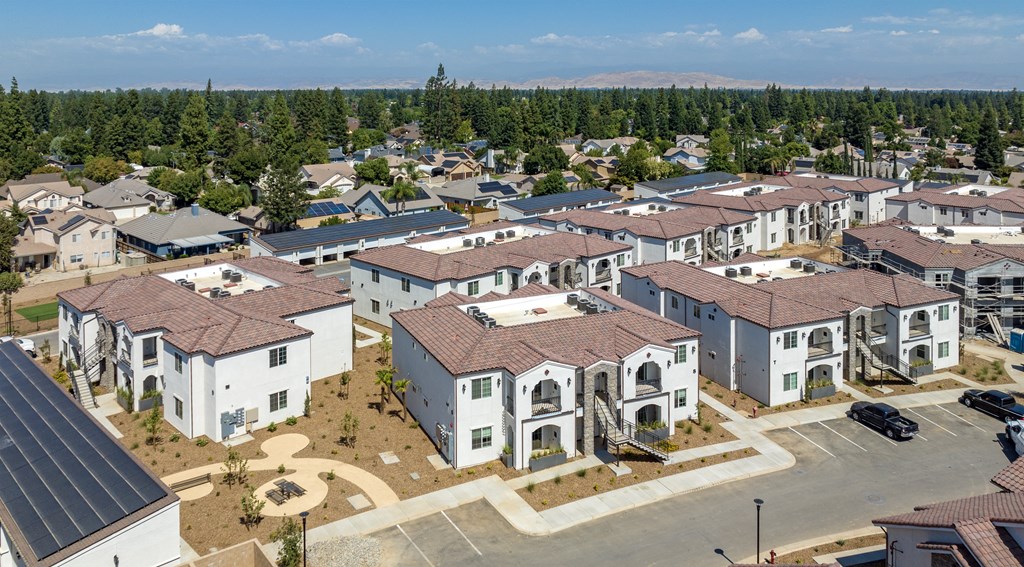 an aerial view of a large group of houses