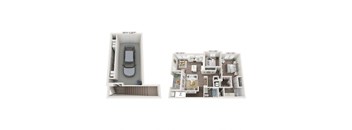 a stylized floor plan with a car in the living room and a bedroom