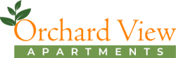 the logo for orchard view apartments on a green background