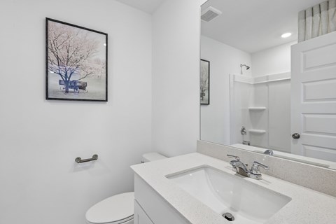A bathroom with a white sink and a framed picture of a tree on the wall.