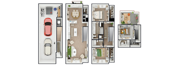 A series of four images showing different layouts of a house with a car.