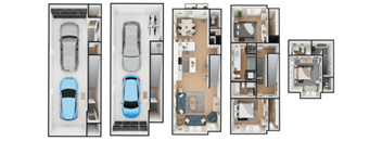 Four different floor plans of a house with a car parked in each.