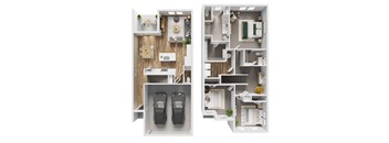 A diagram of a house with two floors, a kitchen, a living room, two bedrooms, a bathroom, and two parking spaces.