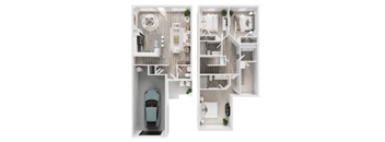 A top down view of a house interior with a car in the garage.