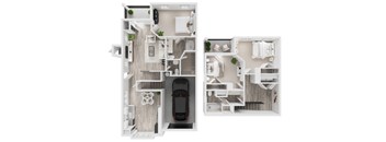 A diagram of a house layout with a car parked in the driveway.
