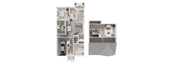 A floor plan of a two-story apartment with a garage.