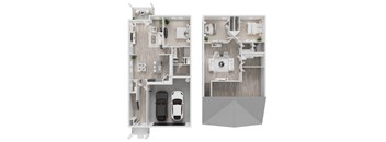 A floor plan of a two-story house with a garage and a driveway.
