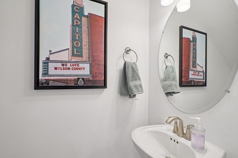 A bathroom with a white sink and a mirror with a picture of a capitol building on it.