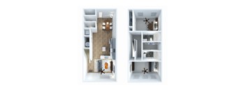 A floor plan of a two-bedroom apartment with a living room and kitchen.