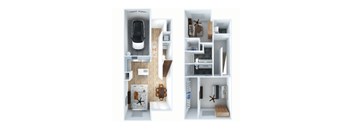 A top down view of a small apartment with a kitchen and living room.