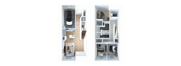 A diagram of a small apartment with a car in the garage.
