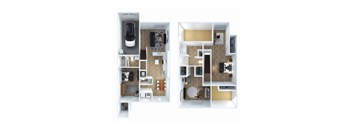 Two images of a dollhouse interior with furniture and decor.