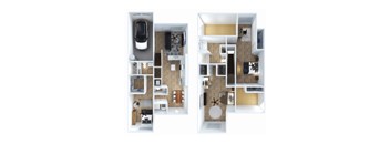 A floor plan of a two-bedroom apartment with a garage.