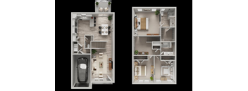 A floor plan of a two-bedroom apartment with a living room, kitchen, and bathroom.