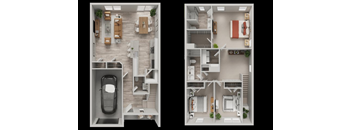 A floor plan of a two-story house with a garage and a living room on the first floor and a bedroom and bathroom on the second floor.