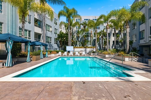 A swimming pool surrounded by palm trees and buildings.