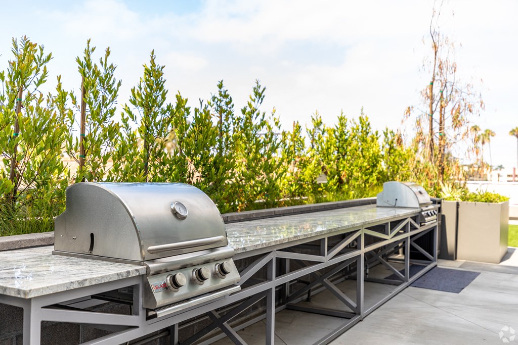 two bbq pits on a roof with trees in the background