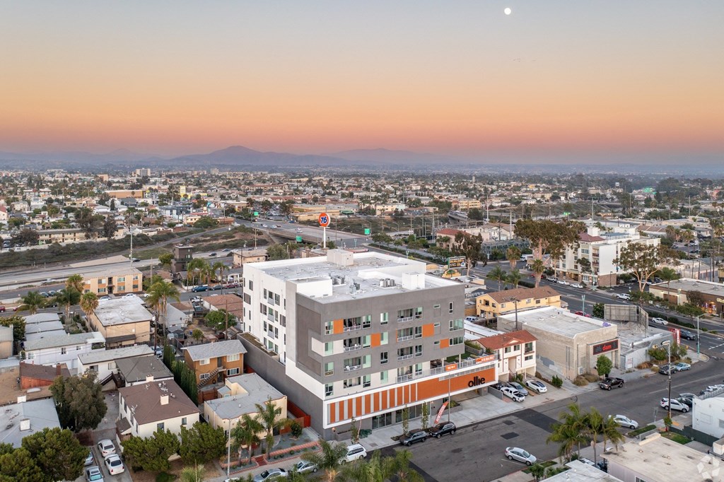 an aerial view of a building in the city