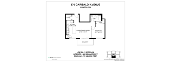 A floor plan for a property at 670 Garibaldi Avenue in London, Ontario, showing the layout of the bedrooms, living room, kitchen, and balcony.