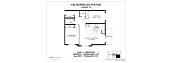 A floor plan for a property at 680 Garibaldi Avenue in London, Ontario, showing the layout of the bedrooms, living room, kitchen, and balcony.