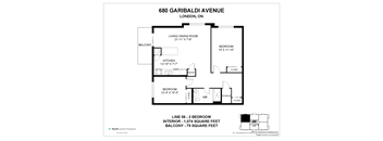 A floor plan for a property at 680 Garibaldi Avenue in London, Ontario, showing the layout of the bedrooms, living room, kitchen, and storage closet.