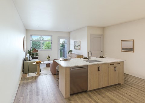 A kitchen with a sink, a window, and a dining table.