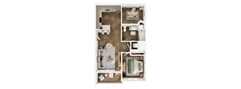 A top-down view of a small apartment with a kitchen, living room, and bathroom.