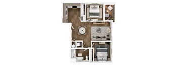 A top-down view of a room with a bed, a desk, a chair, a couch, a potted plant, and a rug.
