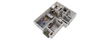 A 3D floor plan of a house with a kitchen, living room, and bedrooms.