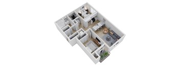 A 3D floor plan of a house with a living room, kitchen, and two bedrooms.