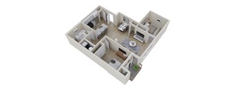 A 3D floor plan of a house with a kitchen, living room, dining room, and two bedrooms.