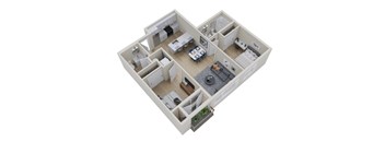 A 3D floor plan of a house with a kitchen, living room, dining room, and bedrooms.