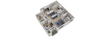A 3D floor plan of a house with a kitchen, living room, dining room, and bedrooms.