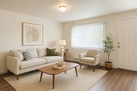 A living room with a couch, chair, and coffee table.