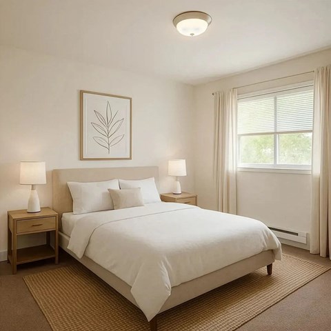 A bedroom with a large bed and two lamps.