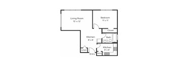 A floor plan of a small apartment with a living room, bedroom, and two kitchens.
