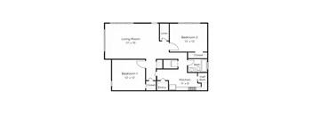 A floor plan of a small apartment with two bedrooms, a living room, a kitchen, and a bathroom.