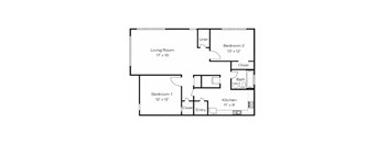 A floor plan of a small apartment with two bedrooms, a living room, a kitchen, and a bathroom.