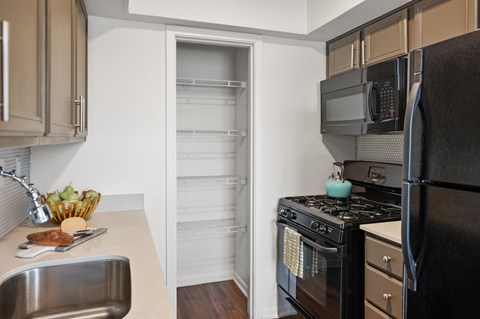 Kitchen with walk in pantry and stainless appliances at Skyline at Barton Creek Apartments, Austin, 78758