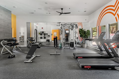 Gym with treadmills and cable machine equipment at Radius at the Domain Apartments, Austin, Texas