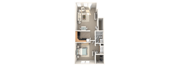 A floor plan of a small apartment with a kitchen, living room, and bathroom.