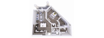 A 3D rendered image of a house layout.
