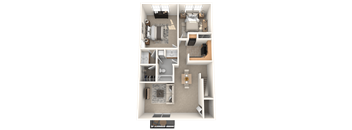 A 3D floor plan of a small apartment with a kitchen, living room, and bedroom.
