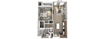 A 3D floor plan of a small apartment with a living room, kitchen, and bathroom.