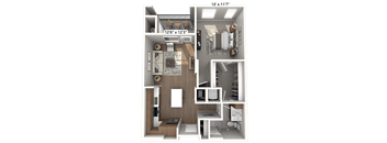 A 3D floor plan of a small apartment with a kitchen, living room, and bathroom.