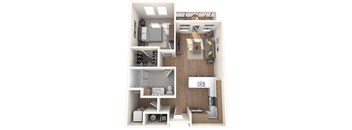 A 3D floor plan of a small apartment with a kitchen, living room, and bathroom.