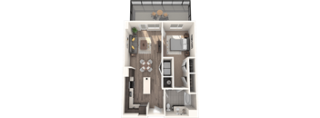 A top-down view of a house layout with a living room, kitchen, and bathroom.