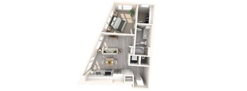 A 3D floor plan of a small apartment with a kitchen, living room, and bedroom.
